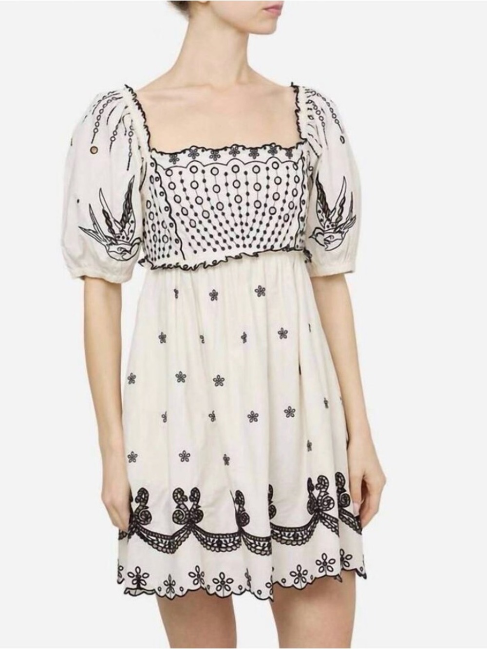 NEW SEA kingsley embroidered puff sleeve dress in cream Size 6